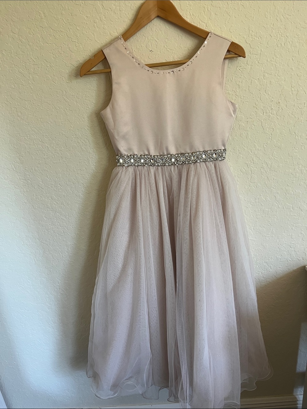 Girls' Light Blush Tulle Party Dress with Jeweled Waistband